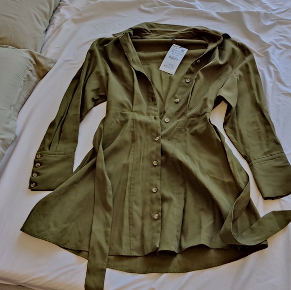 NWT ZARA belted longsleeve button up shirt dress in khaki green - Picture 8 of 10